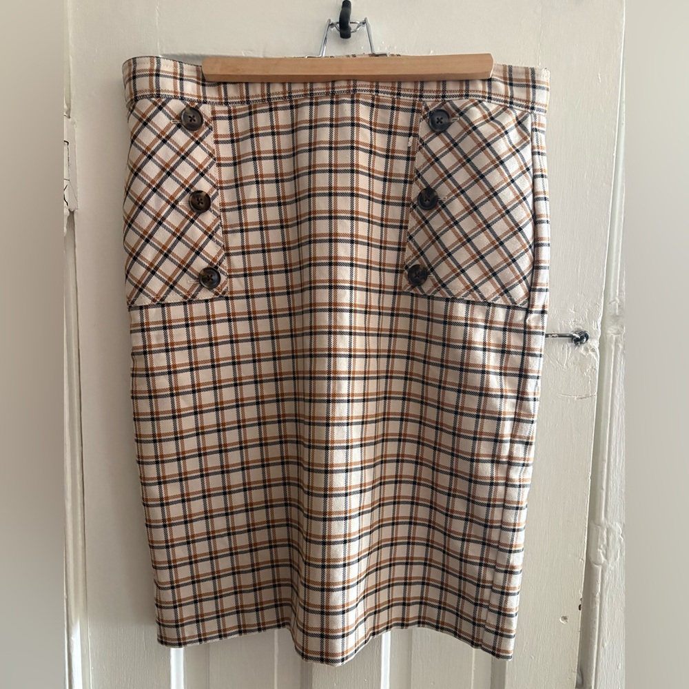 Ann Taylor Cream and Brown Plaid Pencil Skirt